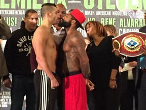 Laval's David Lemieux at the weigh-in with Curtis Stevens in Verona, N.Y., ahead of their bout Saturday night, March 11, 2017.