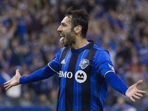 Impact's Matteo Mancosu celebrates after scoring against Seattle Sounders FC during first half MLS soccer action in Montreal, Saturday, March 11, 2017.