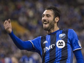 Montreal Impact's Matteo Mancosu celebrates after scoring against Seattle Sounders FC during first half MLS soccer action in Montreal on Saturday, March 11, 2017.