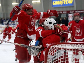 McGill Martletts celebrate their 1-0 win over the UBC Thunderbirds  during USport women's national hockey championship semi-final game at the Strathcona Paper Centre in Napanee, Ont. on Saturday March 18 2017