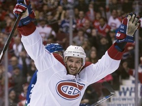 Montreal Canadiens centre Torrey Mitchell (17) celebrates his goal past Vancouver Canucks goalie Ryan Miller (30) during first period NHL action in Vancouver, B.C., Tuesday, Feb. 7, 2017.