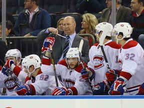 Claude Julien of the Montreal Canadiens handles bench duties during the third period against the New York Rangers at Madison Square Garden on Feb. 21, 2017 in New York City.