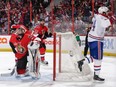 Phillip Danault celebrates his third period goal as Chris Kelly #22 and Craig Anderson #41 of the Ottawa Senators react at Canadian Tire Centre Saturday in Ottawa. It was Danault's first goal in 22 games.