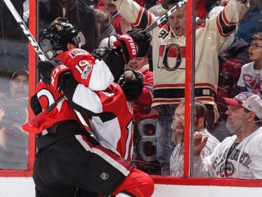 Ryan Dzingel #18 of the Ottawa Senators celebrates his second period goal against the Montreal Canadiens with team mate Derick Brassard #19 in the second period at Canadian Tire Centre on March 18, 2017 in Ottawa.