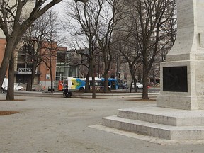 Looking into Cabot square on the corner of Lambert Closse and Ste Catherine Sts.