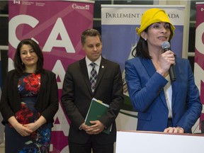 Nathalie Poirier of the Kinescope project "From Nellie to Now" speaks at a press conference with Vaudreuil-Soulanges MP Peter Schiefke and Maryam Monsef, Minister of the Status of Women, after a funding announcement for a documentary which was held in Notre-Dame-de-l 'Ile-Perrot on Feb. 23, 2017.