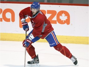 Alex Galchenyuk drags the puck during Montreal Canadiens practice at the Bell Sports Complex in Brossard on Sunday January 15, 2017.