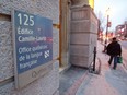 A sign at the entrance to the Office québécois de la langue française in Montreal.