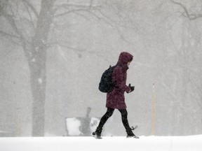 A woman walks through the snow in Place du Canada in Montreal Tuesday March 14, 2017.