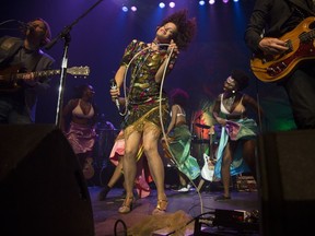 Régine Chassagne of Arcade Fire emerged in a shimmering short dress to sing the homeland ode Haiti, with Haitian dancers performing at Kanpe Kanaval in Montreal March 15, 2017.