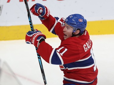 Montreal Canadiens' Brendan Gallagher (11) celebrates his goal during third period NHL action in Montreal on Thursday March 2, 2017.