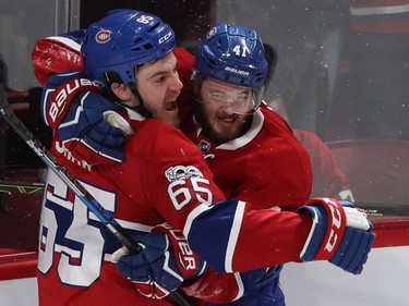 Montreal Canadiens' Paul Byron (41) celebrates his game-winning unassisted goal with teammate Andrew Shaw (65), during third period NHL action in Montreal on Thursday March 2, 2017. The Canadiens won 2-1 against the Nashville Predators.