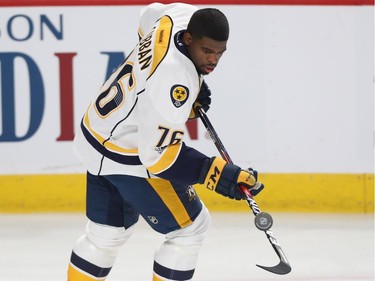 Nashville Predators defenceman P.K. Subban plays around with puck during warmup period of NHL action in Montreal on Thursday March 2, 2017.
