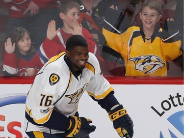 Nashville Predators' P.K. Subban is all smiles during warmup period of NHL action in Montreal on Thursday March 2, 2017.