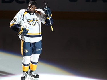 Nashville Predators' P.K. Subban acknowledges crowd prior to the start of game against the Montreal Canadiens in Montreal on Thursday March 2, 2017.