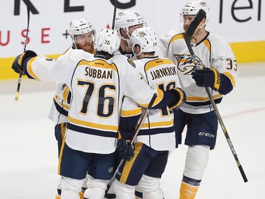 Nashville Predators' P.K. Subban (76) celebrates goal of Ryan Ellis (4), during first period NHL action in Montreal on Thursday March 2, 2017.  Subban received an assist on the goal.