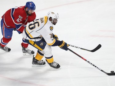 Nashville Predators' P.K. Subban (76) skates away from Montreal Canadiens' Alexander Radulov (47), during first period NHL action in Montreal on Thursday March 2, 2017.
