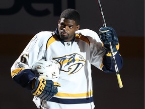 Nashville Predators' P.K. Subban acknowledges crowd prior to the start of game against the Montreal Canadiens in Montreal on Thursday March 2, 2017.