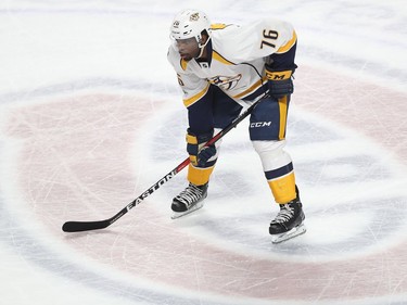 Nashville Predators' P.K. Subban (76) stands on the Montreal Canadiens centre ice crest, during second period NHL action in Montreal on Thursday March 2, 2017.