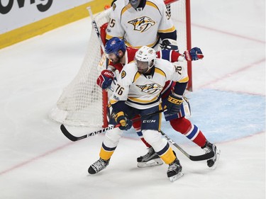 Nashville Predators' P.K. Subban (76) checks Montreal Canadiens' Alexander Radulov (47) during third period NHL action in Montreal on Thursday March 2, 2017.