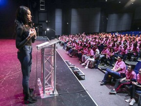 Aiesha Robinson speaks about Vitiligo, the skin disease she suffers from which destroys the pigment of her skin, to students at Pierrefonds Comprehensive High School on March 22.