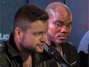 Jo Jo Dan, left, and Shakeel Phinn at a news conference in Montreal, on Monday, March 27, 2017, are two of the boxers on the March 31 boxing card at the Montreal Casino.