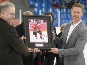 Pointe-Claire's Mike Matheson, right, was inducted into the Hockey West Island Hall of Fame in 2017.