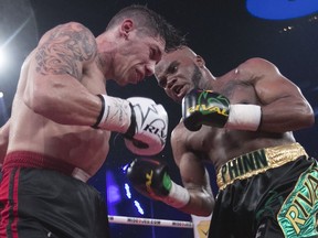 Shakeel Phinn lands punch on Josue Aguilar during main event Thursday night at the Montreal Casino.