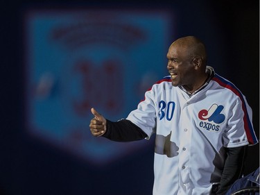 Former Montreal Expos Tim Raines was congratulated on making it to the Baseball Hall of Fame prior to the start of the Pittsburgh Pirates - Toronto Blue Jays pre-season game at Olympic Stadium in Montreal, on Friday, March 31, 2017.