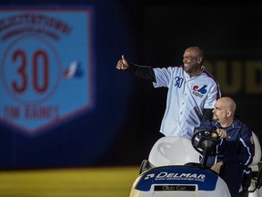 Former Montreal Expos Tim Raines was congratulated on making it to the Baseball Hall of Fame prior to the start of the Pittsburgh Pirates - Toronto Blue Jays pre-season game at Olympic Stadium in Montreal, on Friday, March 31, 2017.