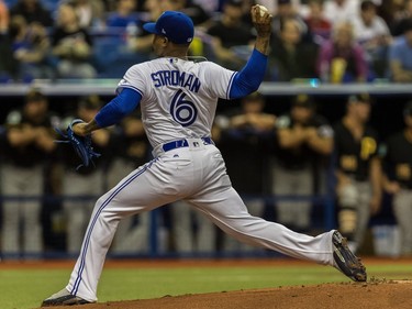 The Pittsburgh Pirates faced Toronto Blue Jays starting pitcher Marcus Stroman at Olympic Stadium in Montreal, on Friday, March 31, 2017.