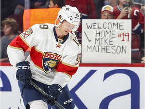 Florida Panthers Michael Matheson, a West Island native, in warmup prior to a NHL game against the Montreal Canadiens on Nov. 15, 2016.