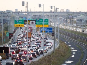 Traffic backs up on Highway 20 east heading into the Turcot Interchange in Montreal in October 2016 after one lane leading to the Ville-Marie Expressway was closed as part of the work to replace the existing interchange.