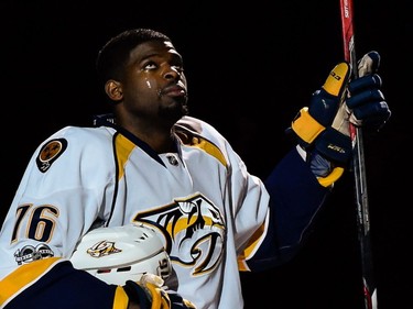 P.K. Subban (#76) of the Nashville Predators is teary eyed as the Montreal fans give him a standing ovation during the NHL game against the Montreal Canadiens at the Bell Centre on March 2, 2017 in Montreal, Quebec, Canada.