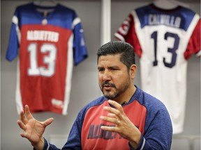 Former Montreal Alouettes quarterback talks about being named to the Canadian Football Hall of Fame during an interview in the team's locker room in Montreal Monday March 20, 2017. Calvillo is an assistant coach with the Als.
