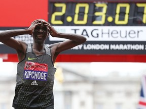 Kenya's Eliud Kipchoge at 2016 London Marathon. The world record was set by fellow Kenyan Dennis Kimetto at the Berlin Marathon in September 2014.