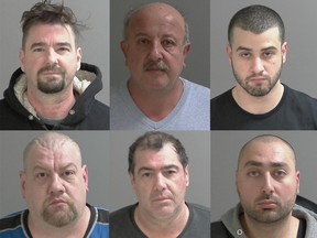 Top, from left: Daniel Poulin, Jean Saoumaa, Jihad Saoumaa. Bottom, from left: Tony George Saoumaa, Michel Jacques and Martin Lauzon. All are charged in connection with a cocaine trafficking ring.
