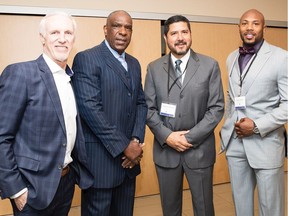 LEGENDS STAND TALL: Sports Personality of the Year Mike Bossy, Expos Baseball Legends Award recipient Andre Dawson, former Montreal Alouettes quarterback Anthony Calvillo and current Montreal Alouettes player Kyries Hebert, snapped at the Cummings Centre’s annual Sports Celebrity Breakfast.