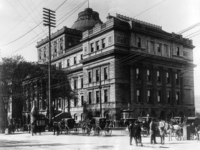 Horse-drawn carriages on Notre Dame St, Montreal, about 1895. A speed limit of 6 miles per hour was implemented in 1865 in an attempt to curb reckless driving in the city.