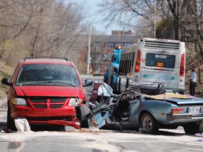 According to witnesses, the car was travelling west on St-Jacques St. when it swerved into the oncoming lane and collided head on with an eastbound STM bus.