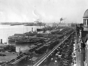 The Montreal harbour (seen from the Notre-Dame-de-Bon-Secours Chapel around 1900), was a happening place when the first ocean steamers would arrive in the springtime.