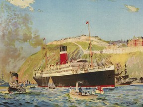 Detail from a 1914 poster showing the Royal Mail, of the Allan Line Steamship Co., sailing along the St. Lawrence River in front of Quebec City. The Montreal Ocean Steamship Co. (later known as The Allan Line Steamship Co.), was awarded a contract by the Canadian Government in 1854 to provide regular trans-Atlantic steamship service between Montreal, Quebec City and England, after a previous contract with a Liverpool-based company did not live up to expectations.