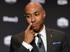 CFL commissioner Jeffrey Orridge addresses guests during the annual &ampquot;state of the league&ampquot; speech, in Toronto on November 25, 2016. The CFL has announced that the league and commissioner Jeffrey Orridge are parting ways, effective June 30. THE CANADIAN PRESS/Ryan Remiorz