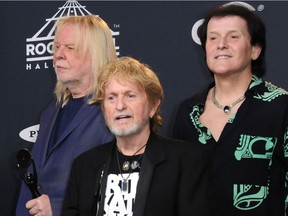 Rick Wakeman, left, Jon Anderson and Trevor Rabin of Yes at the Rock and Roll Hall of Fame induction ceremony in New York on Friday, April 7, 2017.