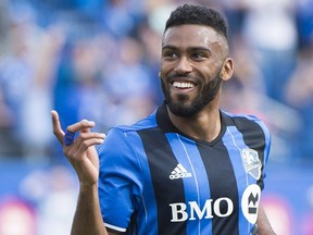 Impact's Anthony Jackson-Hamel celebrates after scoring during second half MLS soccer action against Atlanta United in Montreal on Saturday, April 15, 2017.