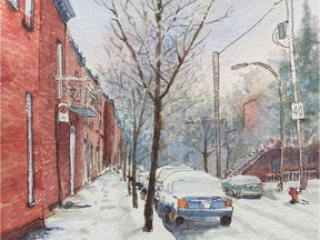 Artist Mary Hughson's mixed media St. Henri in Winter.