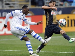 Montreal Impact midfielder Ballou Jean-Yves Tabla, left, and Philadelphia Union midfielder Alejandro Bedoya vie for the ball during the second half of an MLS soccer match Saturday, April 22, 2017, in Chester, Pa. The match ended in a 3-3 draw.