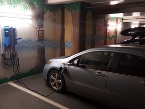 A charging station at a Cadillac Fairview property. The company announced plans to expand its network of chargers.