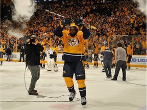 P.K.Subban of the Nashville Predators celebrates after a 4-1 victory in Game 4 of the Western Conference First Round against the Chicago Blackhawks during the 2017 NHL Stanley Cup Playoffs at Bridgestone Arena on April 20, 2017 in Nashville, Tennessee.