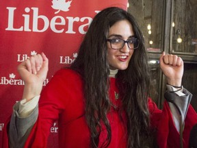 Liberal candidate Emmanuella Lambropoulos reacts after winning the byelection in the Saint Laurent riding on Monday, April 3, 2017 in Montreal.